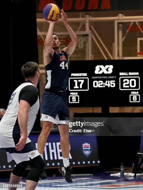 Dylan Travis of 3BALL Omaha hits the game winning shot as Craig Moore of Princeton defends during the Red Bull USA Basketball 3X Nationals at...