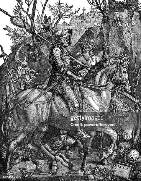 ritter, tod und teufel von albrecht dürer - 16. jahrhundert - albrecht dürer stock-grafiken, -clipart, -cartoons und -symbole
