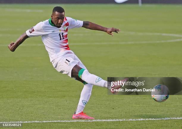 Sheraldo Becker of Suriname passes against Canada during a FIFA World Cup Qualifier at SeatGeek Stadium on June 08, 2021 in Bridgeview, Illinois....