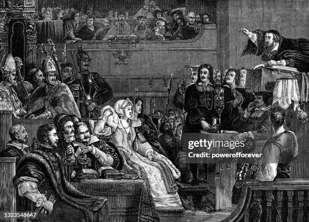 stockillustraties, clipart, cartoons en iconen met the preaching of john knox before the lords of the congregation 10th june 1559 by sir david wilkie - 19th century - presbyterianisme