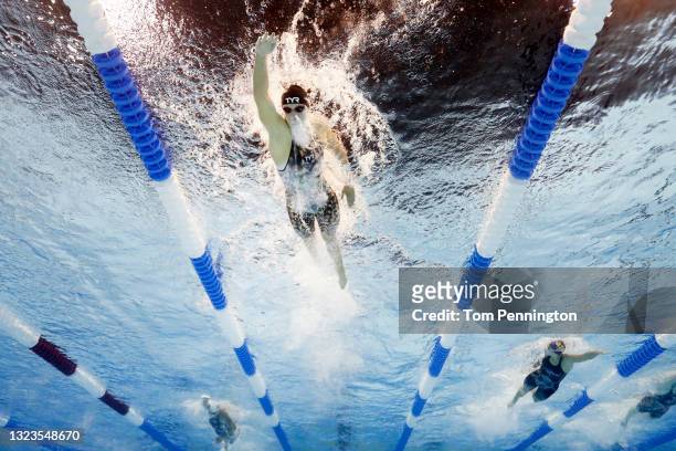 Katie Ledecky of the United States competes in a preliminary heat for the Women’s 400m freestyle during Day Two of the 2021 U.S. Olympic Team...