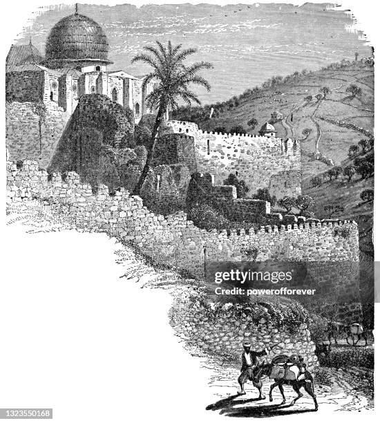 southern wall of temple mount in jerusalem, israel - ottoman empire 19th century - jerusalem old city stock illustrations