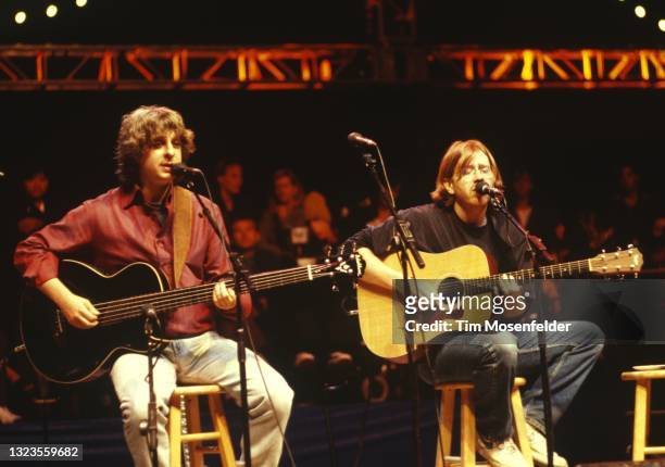 Mike Gordon and Trey Anastasio of Phish perform during Neil Young's Annual Bridge School benefit at Shoreline Amphitheatre on October 18, 1998 in...