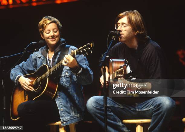 Sarah McLachlan performs with Trey Anastasio of Phish during Neil Young's Annual Bridge School benefit at Shoreline Amphitheatre on October 18, 1998...