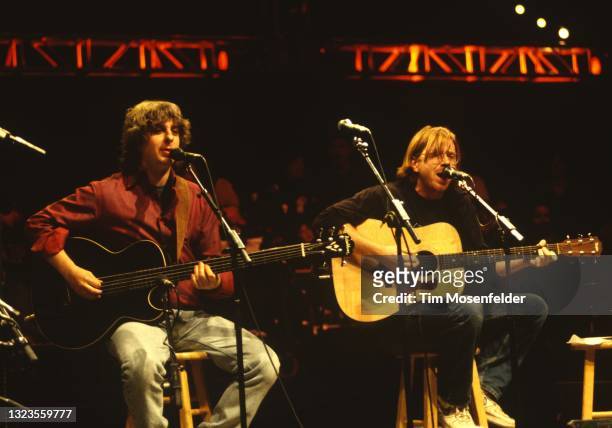 Mike Gordon and Trey Anastasio of Phish perform during Neil Young's Annual Bridge School benefit at Shoreline Amphitheatre on October 18, 1998 in...