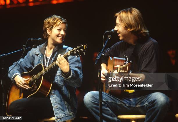 Sarah McLachlan performs with Trey Anastasio of Phish during Neil Young's Annual Bridge School benefit at Shoreline Amphitheatre on October 18, 1998...