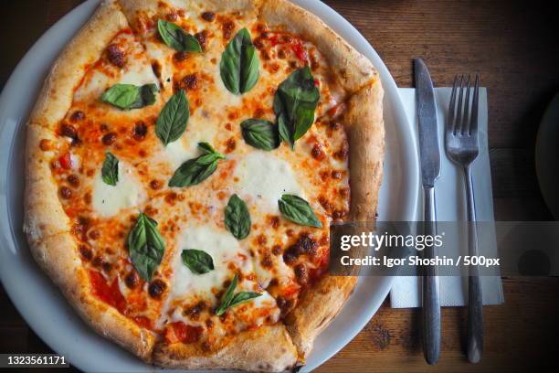 directly above shot of pizza in plate on table - cheese pizza stock pictures, royalty-free photos & images