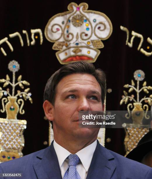 Florida Gov. Ron DeSantis attends a press conference at the Shul of Bal Harbour on June 14, 2021 in Surfside, Florida. The governor spoke about the...