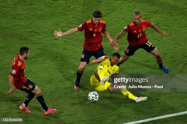 Robin Quaison of Sweden is challenged by Jordi Alba, Thiago Alcantara and Pau Torres of Spain during the UEFA Euro 2020 Championship Group E match...