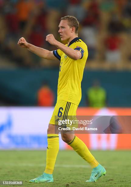 Ludwig Augustinsson of Sweden celebrates following the UEFA Euro 2020 Championship Group E match between Spain and Sweden at the La Cartuja Stadium...