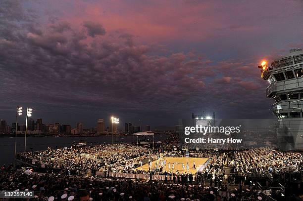 General view as the Michigan State Spartans take on the North Carolina Tar Heels in the first half during the NCAA men's college basketball Carrier...