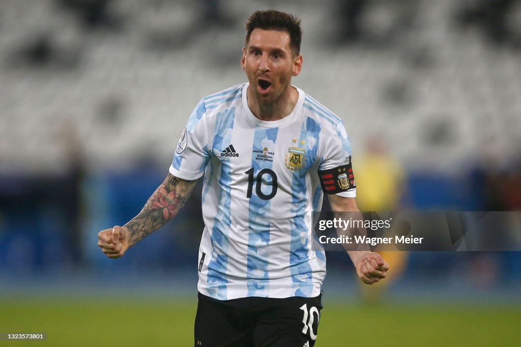 Lionel Messi of Argentina celebrates after scoring the first goal of