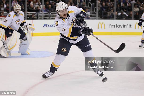 Teemu Laakso of the Nashville Predators skates against the Los Angeles Kings at Staples Center on November 8, 2011 in Los Angeles, California.