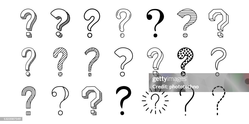 Set of hand drawn question marks, doodle questions on a white background