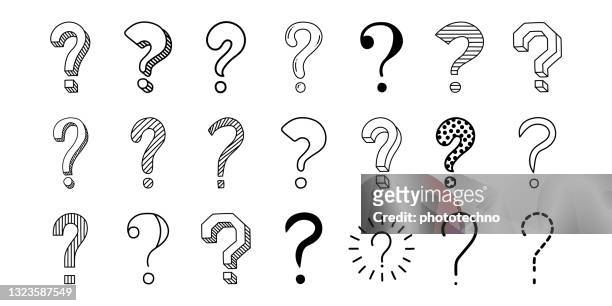 set of hand drawn question marks, doodle questions on a white background - mystery stock illustrations