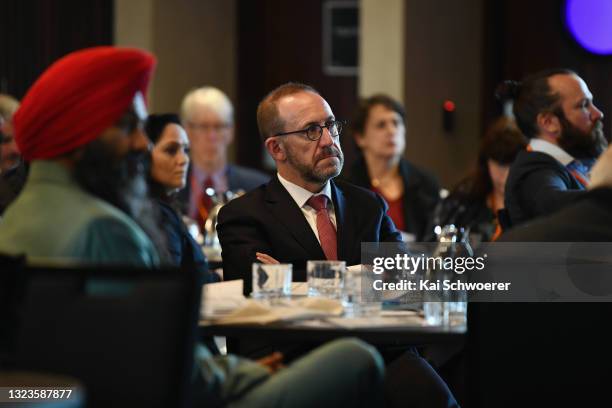 Minister Andrew Little looks on during He Whenua Taurikura at Christchurch Town Hall on June 15, 2021 in Christchurch, New Zealand. He Whenua...