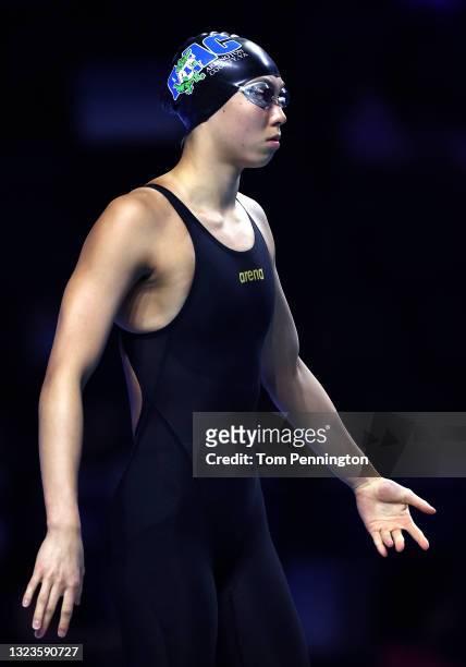Torri Huske of the United States prepares to compete in the Women’s 100m butterfly final during Day Two of the 2021 U.S. Olympic Team Swimming Trials...