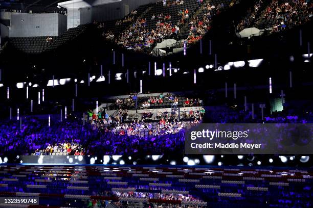 The crowd looks on ahead of the Women’s 100m butterfly final during Day Two of the 2021 U.S. Olympic Team Swimming Trials at CHI Health Center on...