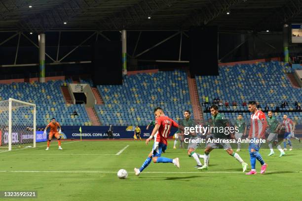 Angel Romero of Paraguay kicks the ball during a Group A match between Paraguay and Bolivia at Estádio Olímpico as part of Copa America Brazil 2021...