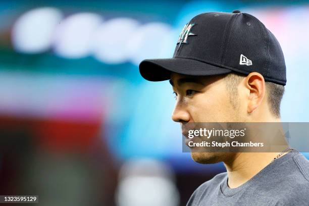Yusei Kikuchi of the Seattle Mariners walks to the dugout before the game against the Minnesota Twins at T-Mobile Park on June 14, 2021 in Seattle,...