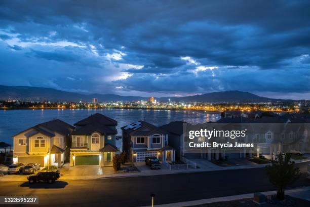 twilight view of reno from sparks marina - nevada homes stock pictures, royalty-free photos & images