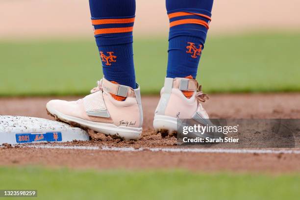 Detail of the New Balance cleats worn by Francisco Lindor of the New York Mets during the first inning against the Chicago Cubs at Citi Field on June...