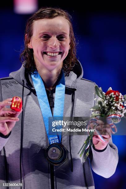 Katie Ledecky of the United States reacts during the Women’s 400m freestyle medal ceremony during Day Two of the 2021 U.S. Olympic Team Swimming...