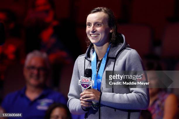 Katie Ledecky of the United States reacts during the Women’s 400m freestyle medal ceremony during Day Two of the 2021 U.S. Olympic Team Swimming...