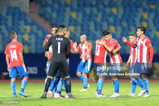 Gustavo Gomez, Richard Sanchez, Julio Enciso and Alberto Espinola of Paraguay celebrate after winning a Group A match between Paraguay and Bolivia at...