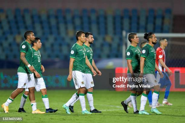 Adrian Jusino, Diego Wayar, Jose Sagredo, Danny Bejarano, Diego Bejarano and Rodrigo Ramallo of Bolivia leave the field after losing a Group A match...