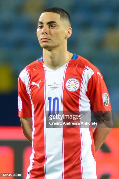 Miguel Almiron of Paraguay looks on before a Group A match between Paraguay and Bolivia at Estádio Olímpico as part of Copa America Brazil 2021 on...