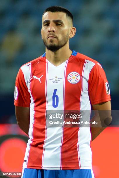 Junior Alonso of Paraguay looks on before a Group A match between Paraguay and Bolivia at Estádio Olímpico as part of Copa America Brazil 2021 on...