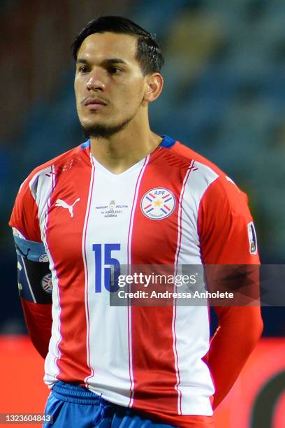 Gustavo Gomez of Paraguay looks on before a Group A match between Paraguay and Bolivia at Estádio Olímpico as part of Copa America Brazil 2021 on...