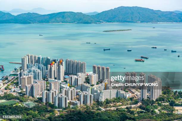 aerial view of tuen mun city in hong kong - tuen mun stock pictures, royalty-free photos & images