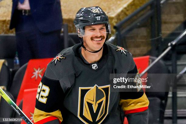 Nick Holden of the Vegas Golden Knights celebrates after scoring a goal against the Montreal Canadiens during the third period in Game One of the...