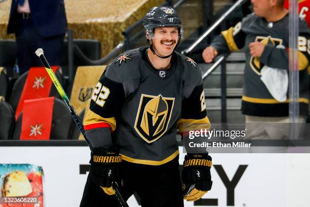 Nick Holden of the Vegas Golden Knights celebrates after scoring a goal against the Montreal Canadiens during the third period in Game One of the...