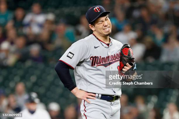 Kenta Maeda of the Minnesota Twins reacts during the first inning against the Seattle Mariners at T-Mobile Park on June 14, 2021 in Seattle,...