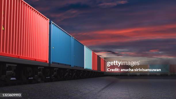 train carrying containers in warehouse in shipping port. - 貨物列車 ストックフォトと画像