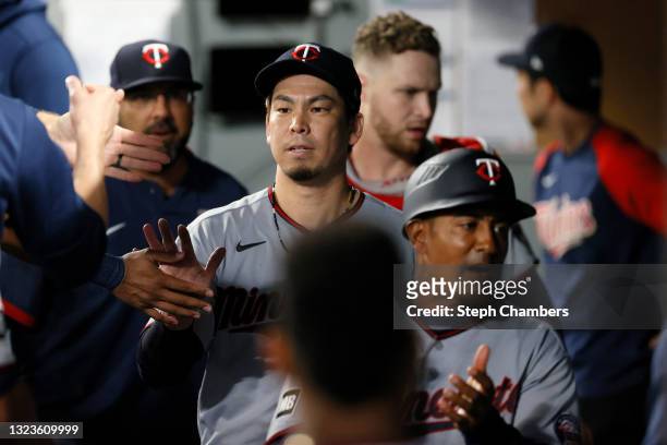 Kenta Maeda of the Minnesota Twins reacts after the first inning against the Seattle Mariners at T-Mobile Park on June 14, 2021 in Seattle,...