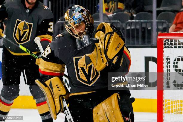 Marc-Andre Fleury of the Vegas Golden Knights makes the save against against the Montreal Canadiens during the third period in Game One of the...