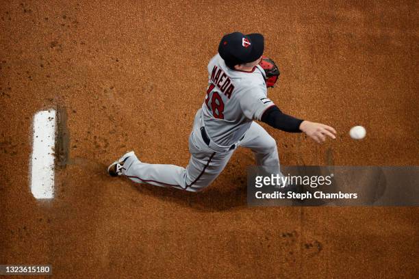 Kenta Maeda of the Minnesota Twins warms up in the bullpen before the game against the Seattle Mariners at T-Mobile Park on June 14, 2021 in Seattle,...
