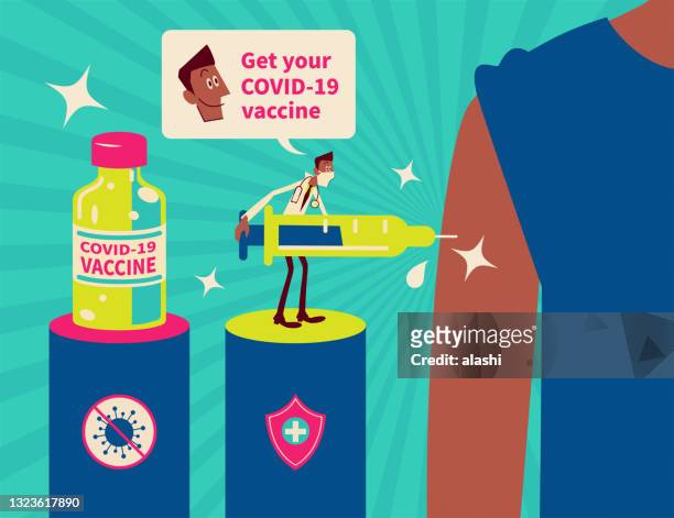 illustrations, cliparts, dessins animés et icônes de le médecin portant un stéthoscope et un masque facial injecte le vaccin contre la covid-19 dans les bras des gens - masque africain