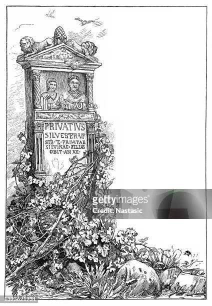 roman tombstone; after a drawing in the museum francisco-carolinum in linz - tombstone stock illustrations