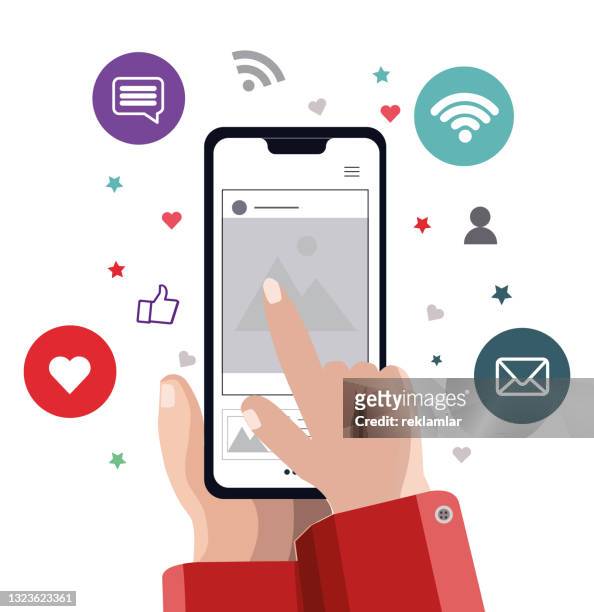 stockillustraties, clipart, cartoons en iconen met social media and technology concept. hand holding mobile phone, wifi flying in the air, like button, message, chat icons vector. digital technology and communication vector illustration concept. - sociaal netwerk