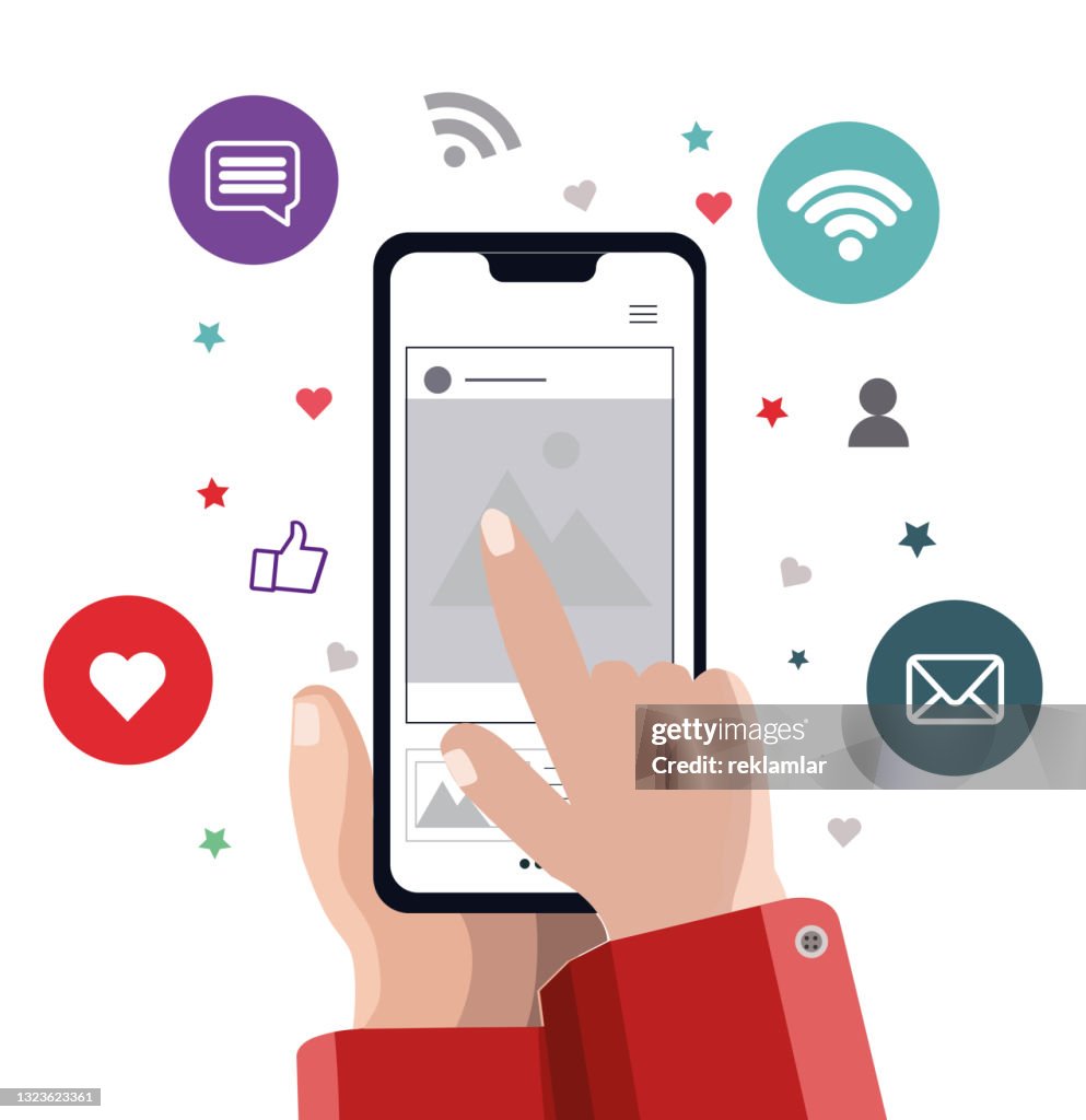 Social media and technology concept. Hand holding mobile phone, wifi flying in the air, like button, message, chat icons vector. Digital technology and communication vector illustration concept.