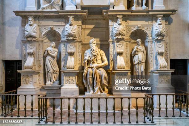 the statue of moses by michelangelo inside the church of san pietro in vincoli in the monti district in rome - peter the apostle stock pictures, royalty-free photos & images