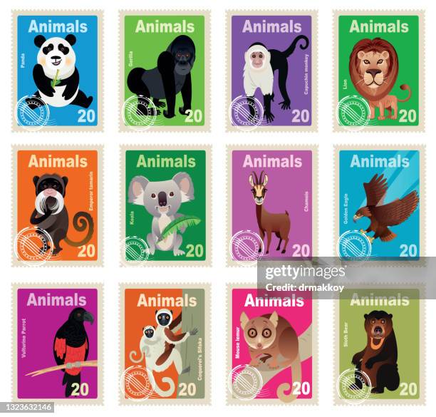 illustrazioni stock, clip art, cartoni animati e icone di tendenza di francobolli per animali - lemur