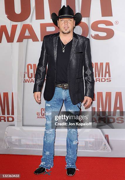 Recording artist Jason Aldean arrives at the 45th annual CMA Awards at the Bridgestone Arena on November 9, 2011 in Nashville, Tennessee.