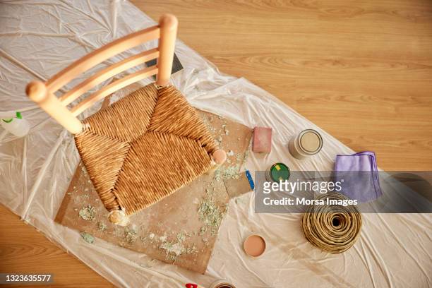 wooden chair wrapped with rope at home - craft diy ストックフォトと画像