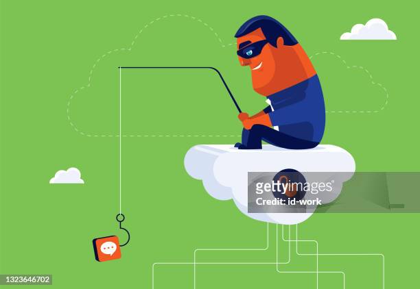 hacker sitting on cloud and phishing with speech bubble icon lure - internet scam stock illustrations